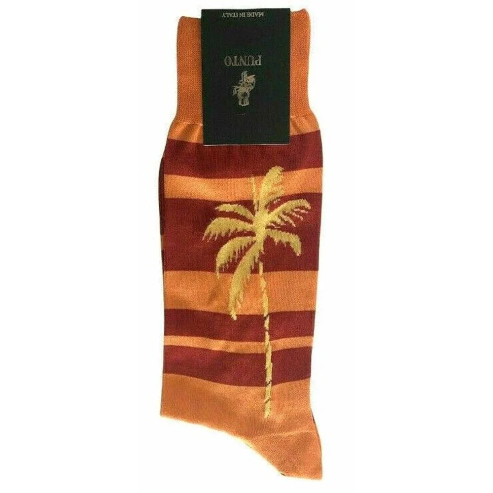 Punto Palm Tree Italian Mens Dress Socks Striped Red Orange Egyptian Cotton